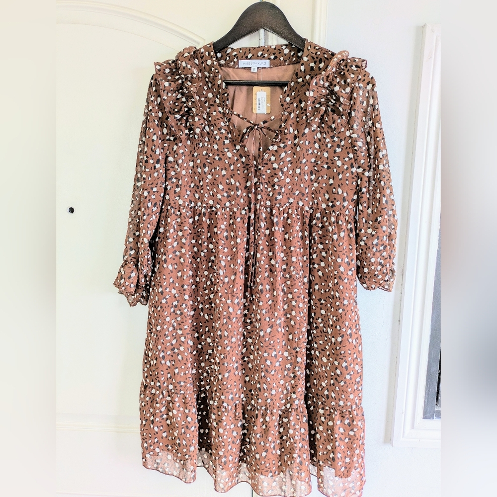 Miss Sparkling V Neck Brown Ruffle Sleeves Floral Dots Print Dress Loose size M